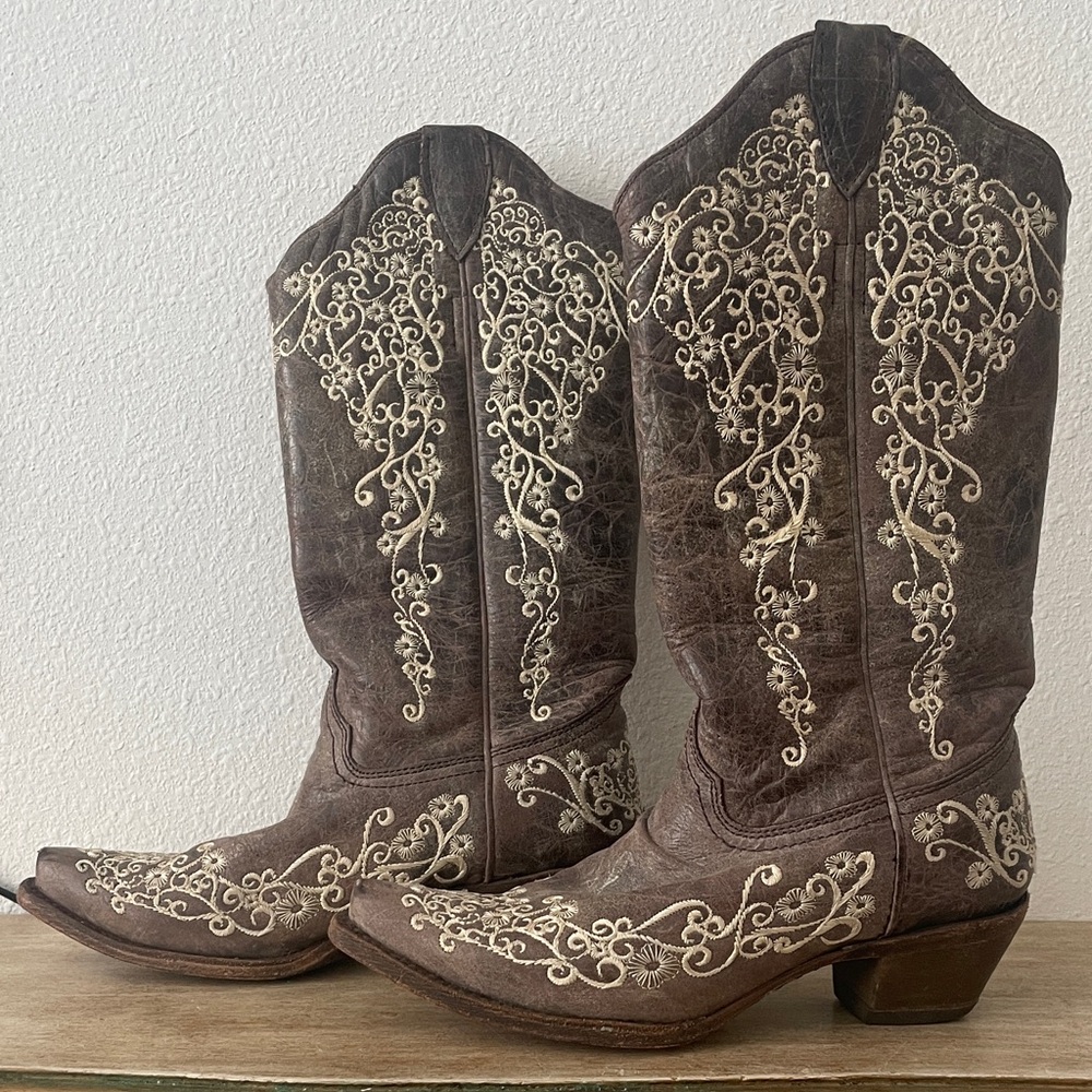 Brown Embroidered Heeled Boots